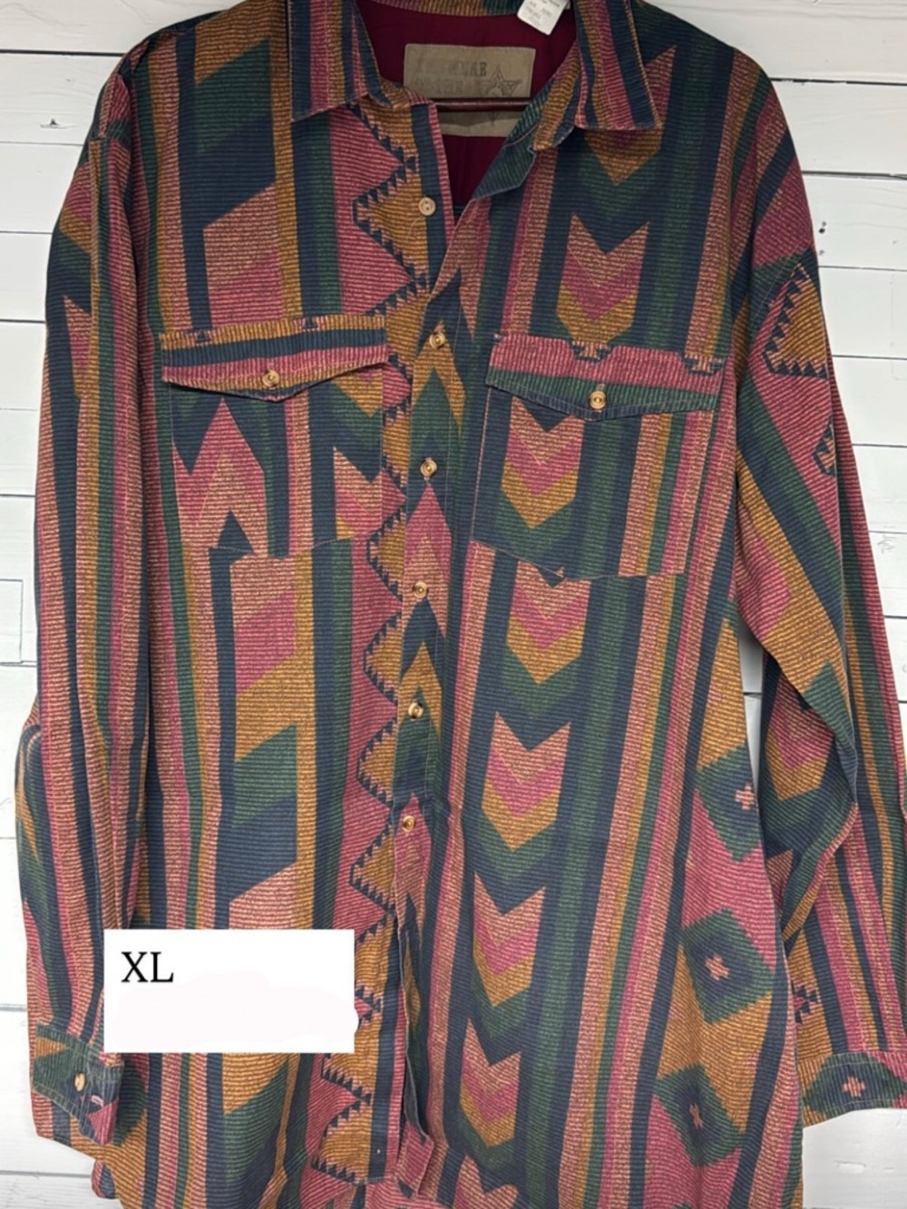 Vintage Western Bold Geometric Button-Up Shirt in Burgundy, Mustard & Forest
